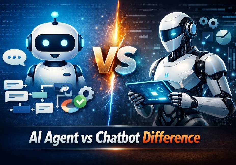 AI Agent vs Chatbot Difference shown on a laptop screen with chatbot replying and AI agent performing tasks in a real office setting
